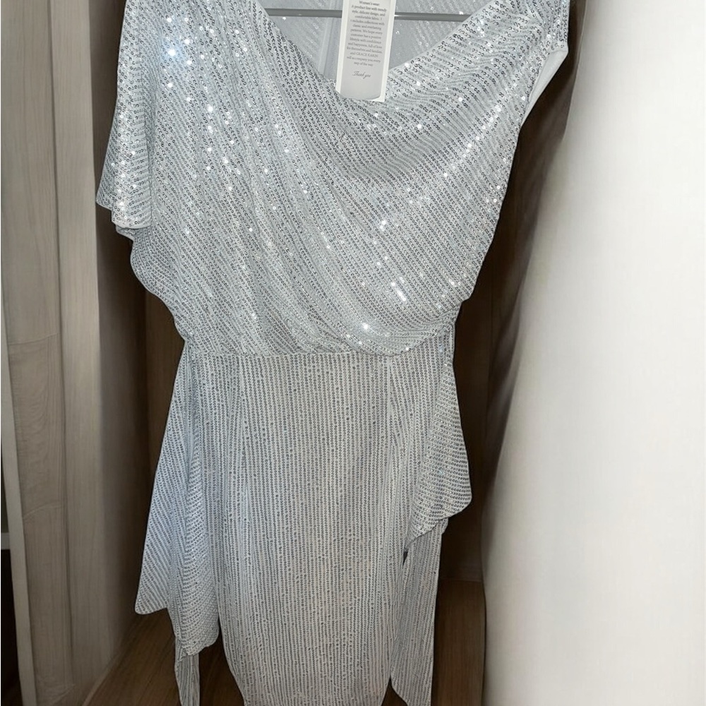 Grace Karin White Sequin Asymmetrical Gown